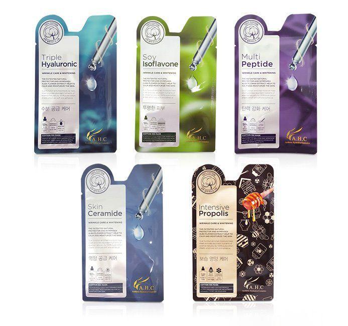 Set of AHC face masks featuring various active ingredients such as Hyaluronic Acid, Soy Isoflavone, Multi Peptide, Skin Ceramide, and Intensive Propolis.